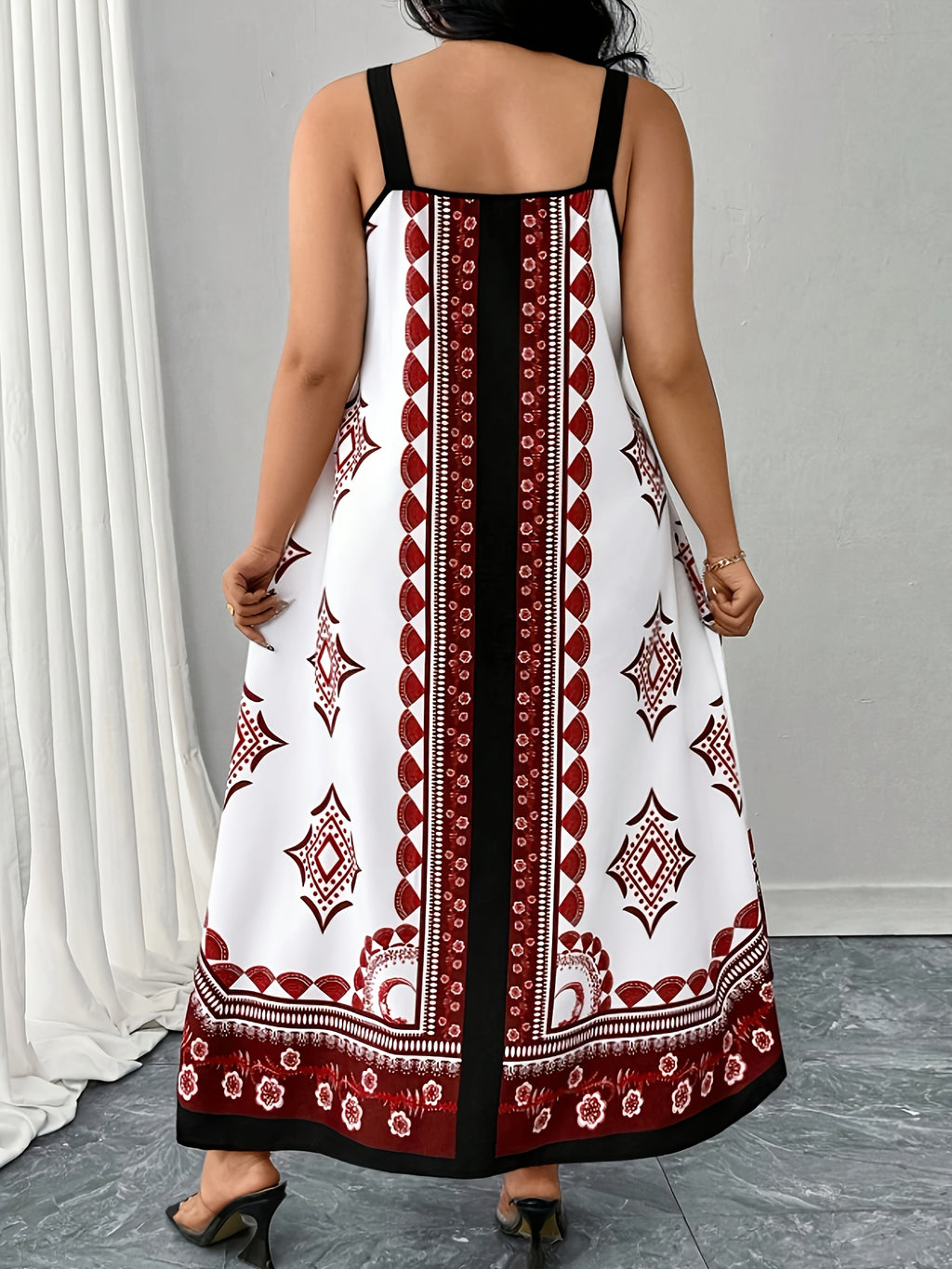 Plus Size - Plus Size - Large Size Women'S Fashionable Geometric Print Sleeveless Loose Long Suspender Dress - Burgundy
