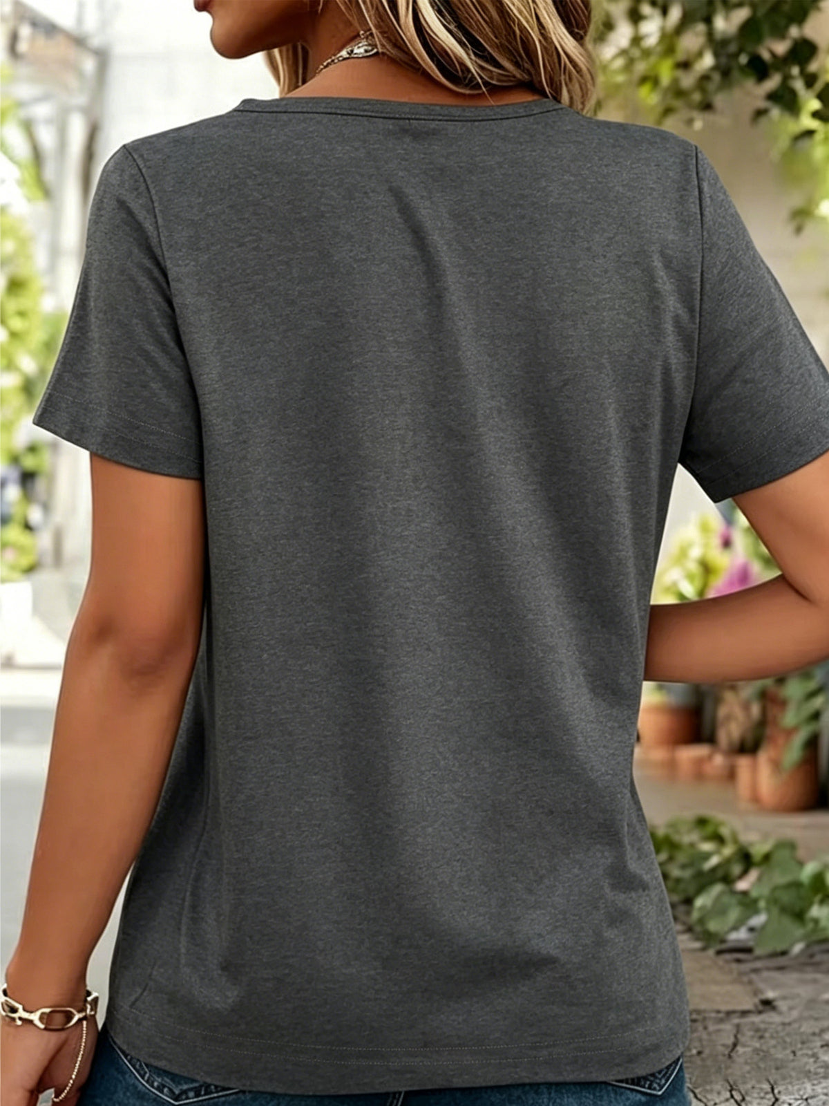 Patterned Printed Women' S V-neck T-shirt Short Sleeves Casual T-shirt Women's Clothing. - Dark Gray