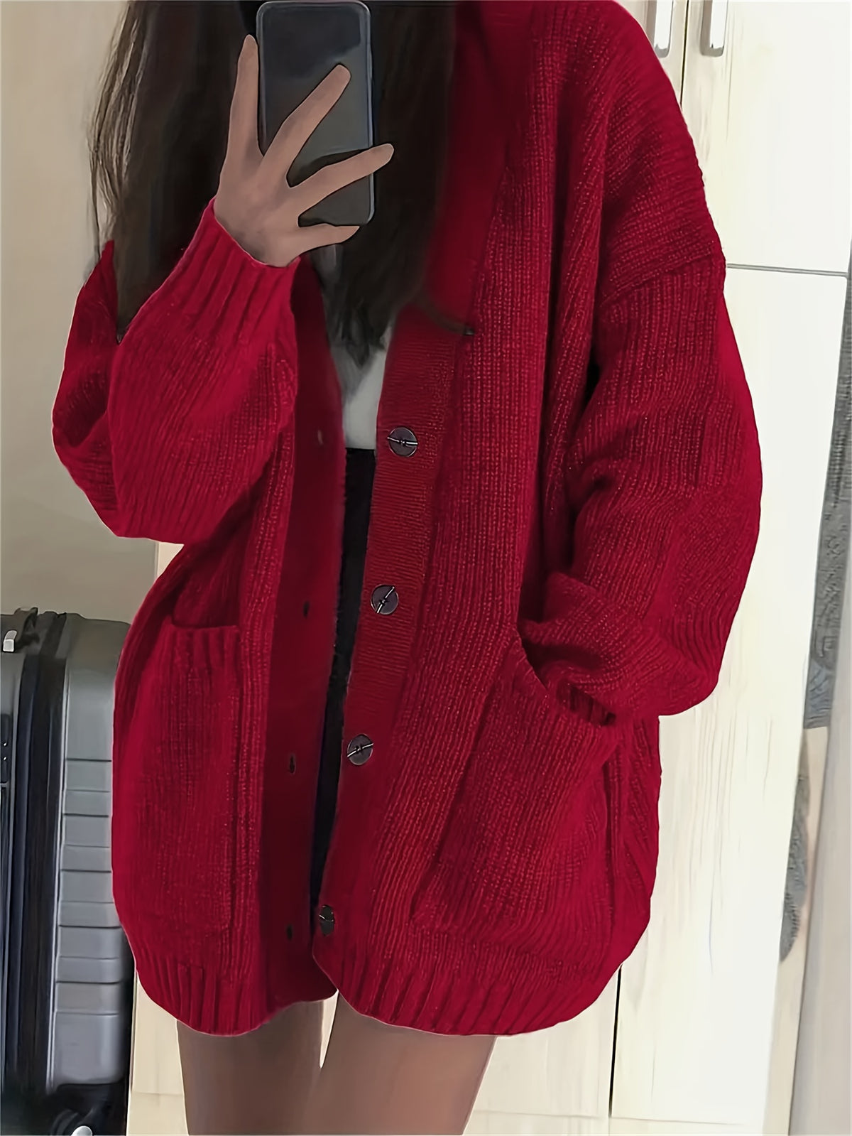 Casual V-Neck Single-Breasted Sweater Coat for Women with Double Pockets, Autumn and Winter Cardigan - Burgundy