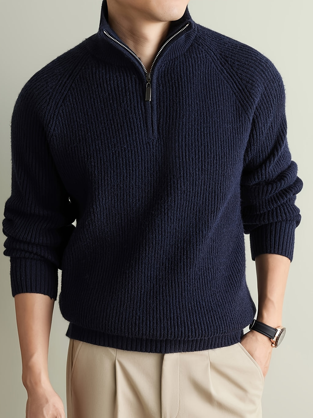 Men's Solid Gray Half-Zip Sweater with Stand Collar & Raglan Sleeves - Warm Winter Knit Pullover, Loose Fit Vertical Rib Texture Suitable for Casual and Light Business Wear, Machine Washable Fall/Winter Sweater - Navy Color