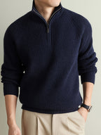 Men's Solid Gray Half-Zip Sweater with Stand Collar & Raglan Sleeves - Warm Winter Knit Pullover, Loose Fit Vertical Rib Texture Suitable for Casual and Light Business Wear, Machine Washable Fall/Winter Sweater - Navy Color