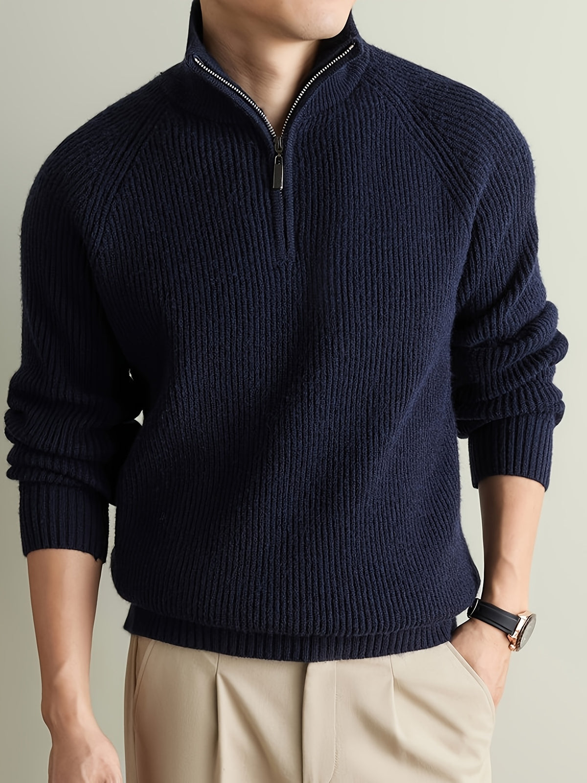 Men's Solid Gray Half-Zip Sweater with Stand Collar & Raglan Sleeves - Warm Winter Knit Pullover, Loose Fit Vertical Rib Texture Suitable for Casual and Light Business Wear, Machine Washable Fall/Winter Sweater - Navy Color