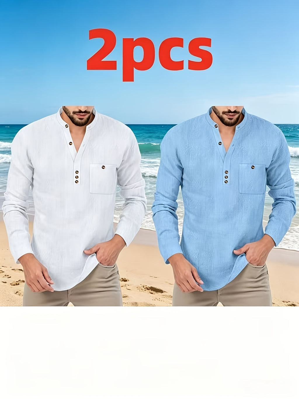 Father's Day Gift Men's Long Sleeve Henley Collar T-Shirt Two-pc, Multiple Colors Available, Casual Top, Simple and Versatile Style for Daily Commuting, Leisure, and Relaxed Wear - White+Sky Blue