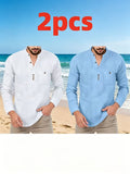 Father's Day Gift Men's Long Sleeve Henley Collar T-Shirt Two-pc, Multiple Colors Available, Casual Top, Simple and Versatile Style for Daily Commuting, Leisure, and Relaxed Wear - White+Sky Blue