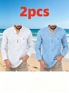 Father's Day Gift Men's Long Sleeve Henley Collar T-Shirt Two-pc, Multiple Colors Available, Casual Top, Simple and Versatile Style for Daily Commuting, Leisure, and Relaxed Wear - White+Sky Blue