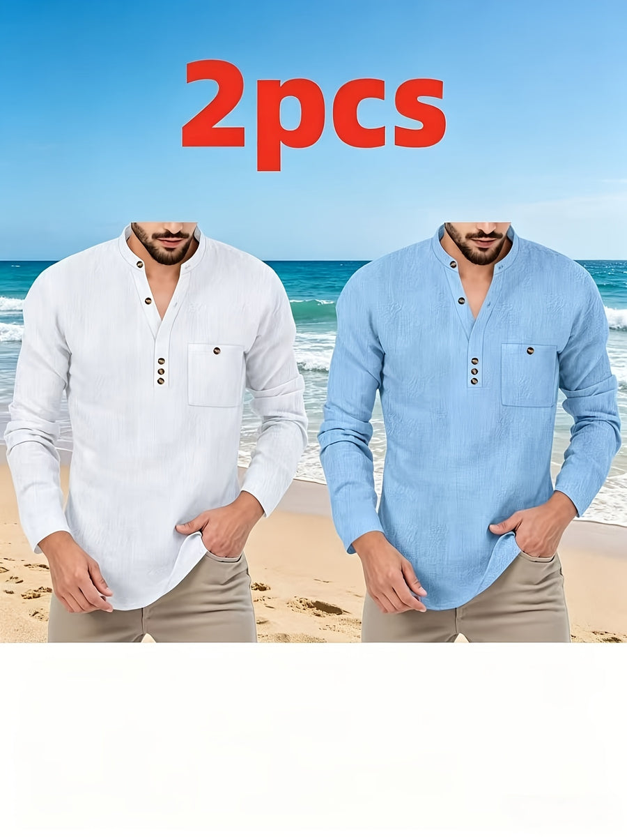 Father's Day Gift Men's Long Sleeve Henley Collar T-Shirt Two-pc, Multiple Colors Available, Casual Top, Simple and Versatile Style for Daily Commuting, Leisure, and Relaxed Wear - White+Sky Blue