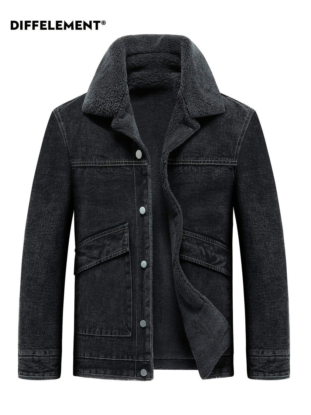 Men's Lapel Fleece-Lined Denim Jacket, Thickened for Locking in Heat, Windproof, Warm, and Cold-Resistant. Washed Denim Fabric with Composite Lining, Contrast Color Topstitching, Workwear Straight-Leg Fit. Autumn/Winter Streetwear Commuting Vintage - Deep Grey