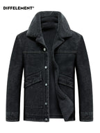 Men's Lapel Fleece-Lined Denim Jacket, Thickened for Locking in Heat, Windproof, Warm, and Cold-Resistant. Washed Denim Fabric with Composite Lining, Contrast Color Topstitching, Workwear Straight-Leg Fit. Autumn/Winter Streetwear Commuting Vintage - Deep Grey