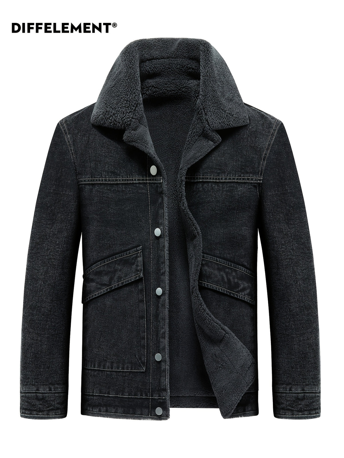 Men's Lapel Fleece-Lined Denim Jacket, Thickened for Locking in Heat, Windproof, Warm, and Cold-Resistant. Washed Denim Fabric with Composite Lining, Contrast Color Topstitching, Workwear Straight-Leg Fit. Autumn/Winter Streetwear Commuting Vintage - Deep Grey