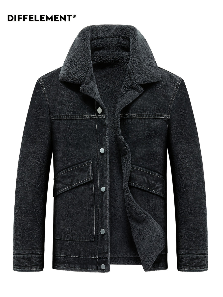 Men's Lapel Fleece-Lined Denim Jacket, Thickened for Locking in Heat, Windproof, Warm, and Cold-Resistant. Washed Denim Fabric with Composite Lining, Contrast Color Topstitching, Workwear Straight-Leg Fit. Autumn/Winter Streetwear Commuting Vintage - Deep Grey