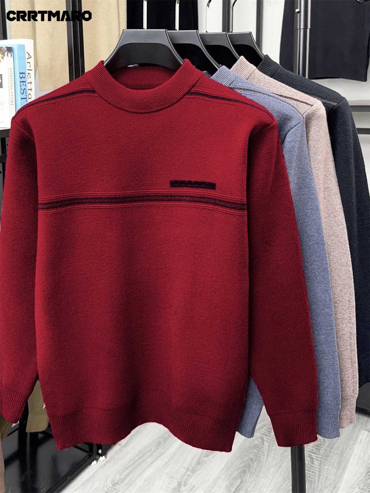 CATMA CRRTMARO Autumn/Winter Knitted 3D Solid Color Crew Neck Sweater, Basic Thickened Pullover, Men's Fashion Knitwear Long Sleeve HH - Burgundy