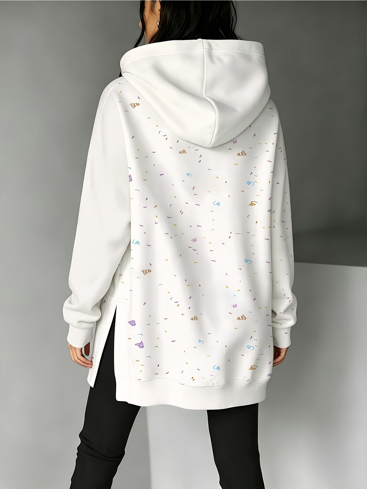 New Women'S Hooded Sweatshirt, Side Cutout Design, Fun Pattern, Comfortable Fit, Suitable for Autumn And Winter, Polka Dot Printed Hooded Sweatshirt Women'S Side Slit Irregular Hem American Casual Loose Drop Shoulder Long Sleeve Top - Mixed colors