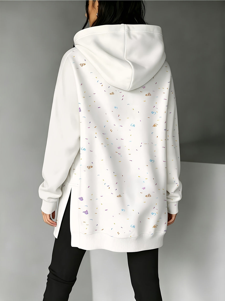 New Women'S Hooded Sweatshirt, Side Cutout Design, Fun Pattern, Comfortable Fit, Suitable for Autumn And Winter, Polka Dot Printed Hooded Sweatshirt Women'S Side Slit Irregular Hem American Casual Loose Drop Shoulder Long Sleeve Top - Mixed colors