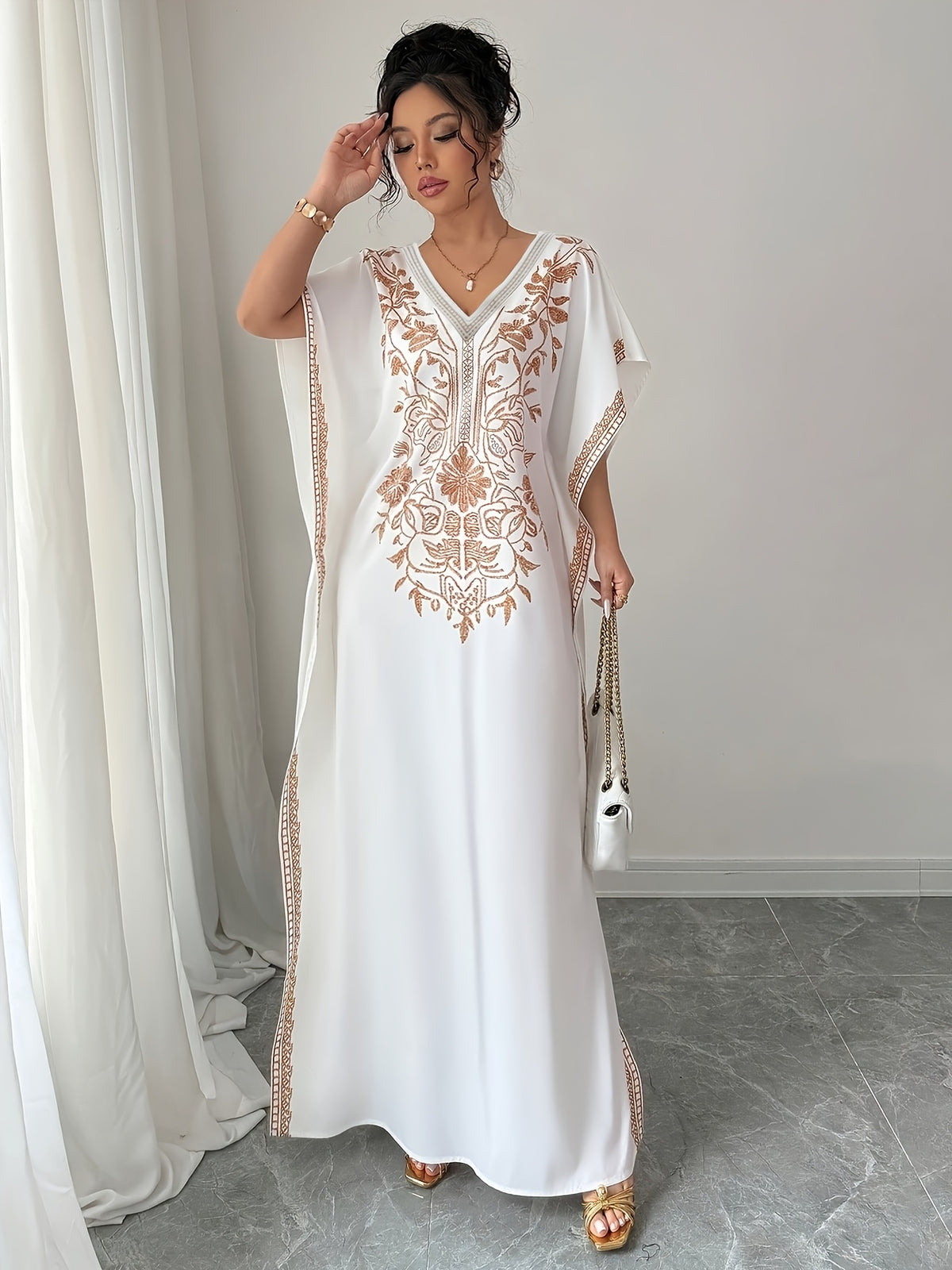 Women'S Summer Elegant Casual Robe, Floral Print V-Neck, Slit Long Dress - Milky