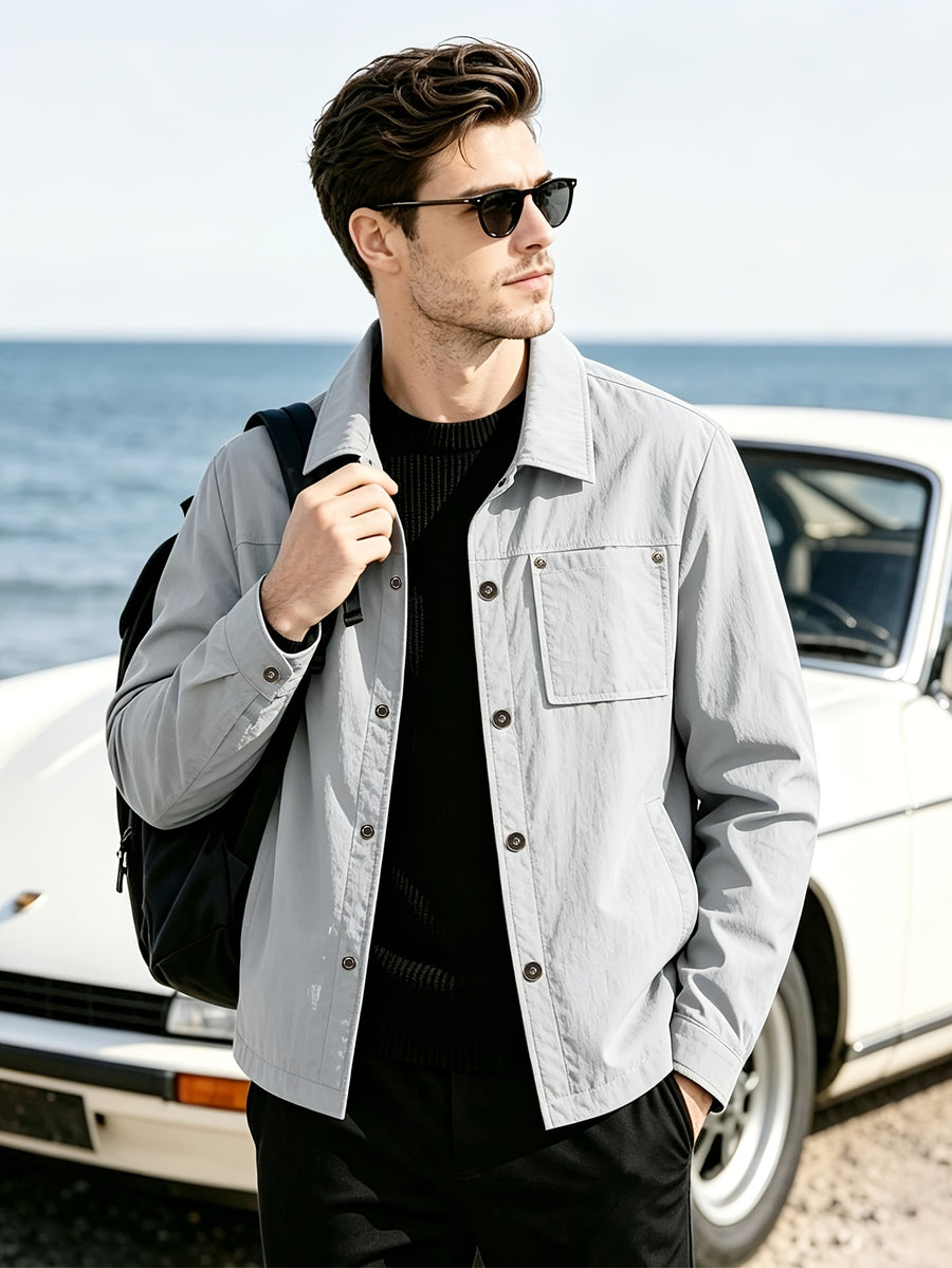 Back to School Season 1pc Men'S Lightweight Shirt Jacket, Button-Front with Chest Pocket And Double Side Pockets, Casual Techwear Style Spring Autumn Loose Fit Daily Commute Travel Outdoor Outerwear - Light Grey