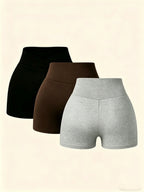 3pcs Summer Shorts: Cycling Shorts, Cross-Front Cropped Casual Pants, Stretchy Leggings, Sports Shorts, Elegant Women's Shorts - Black+Coffee+Grey
