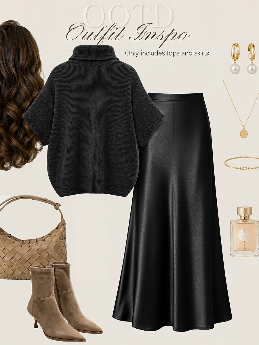 Autumn Winter Fashion Lazy Style Turtleneck Cloak Sweater And Premium Satin Fishtail Half Skirt, Temperament Elegant Commute Two-Piece Set - Black
