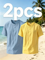 Men'S Summer Short-Sleeve T-Shirt Set, 2Pcss Beach Casual Breathable Top, Easy Design for Pool Parties And Beach Vacations, Ideal Gift for Beachwear, Daily Casual Relaxed (2Pcss Set) - Sky Blue+Yellow
