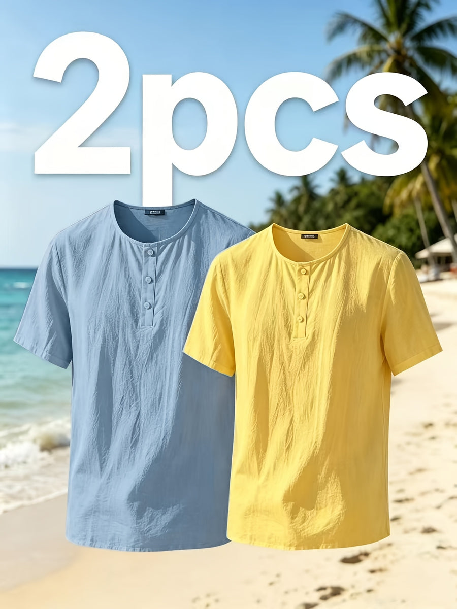 Men'S Summer Short-Sleeve T-Shirt Set, 2Pcss Beach Casual Breathable Top, Easy Design for Pool Parties And Beach Vacations, Ideal Gift for Beachwear, Daily Casual Relaxed (2Pcss Set) - Sky Blue+Yellow