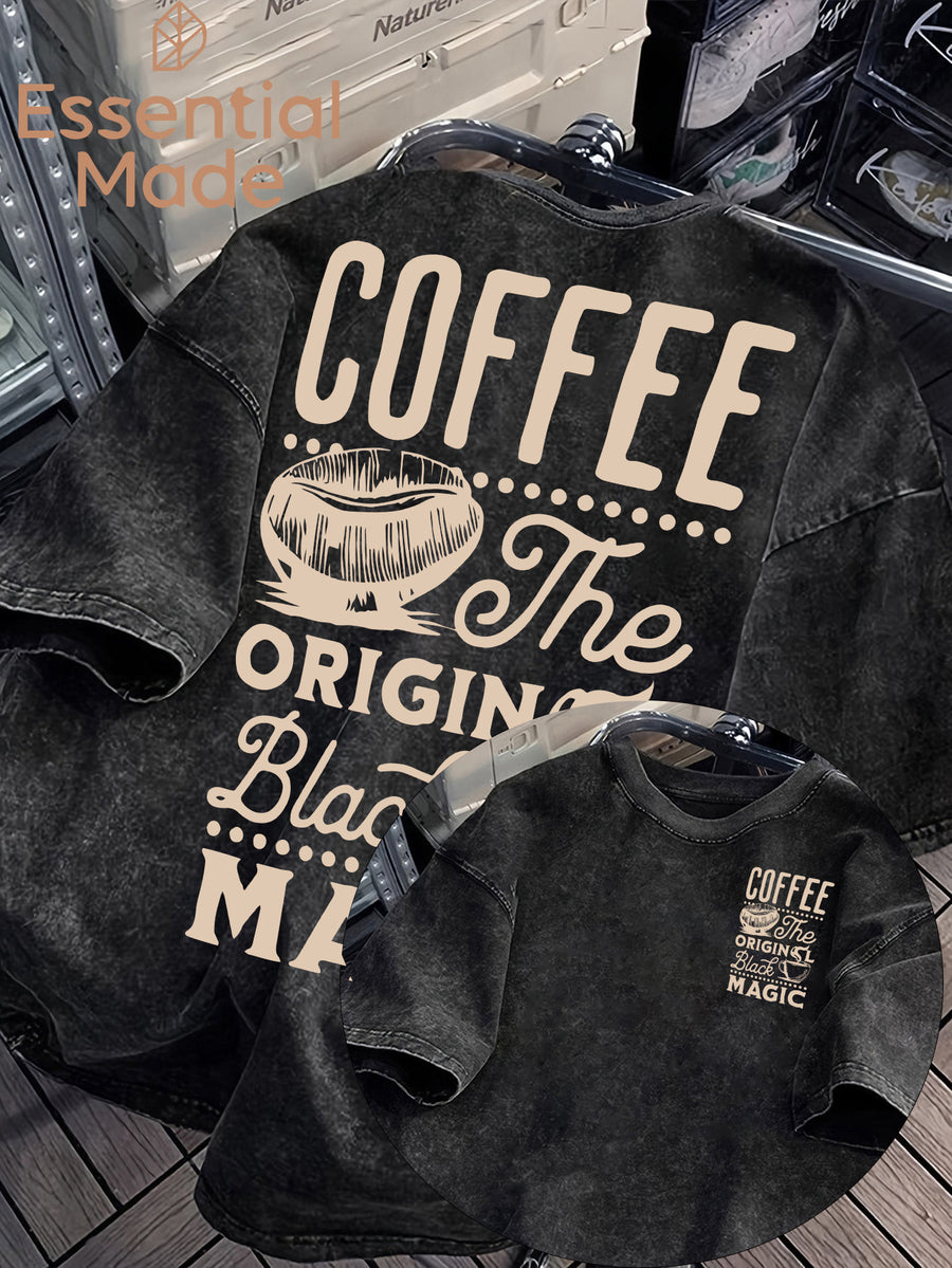 American High Street COFFEE Coffee Bean Cafe Themed Letter Print Distressed Washed Short-Sleeve T-Shirt - Loose Fit Casual American Vintage Style Men's Washed T-Shirt Casual Top - Black 1