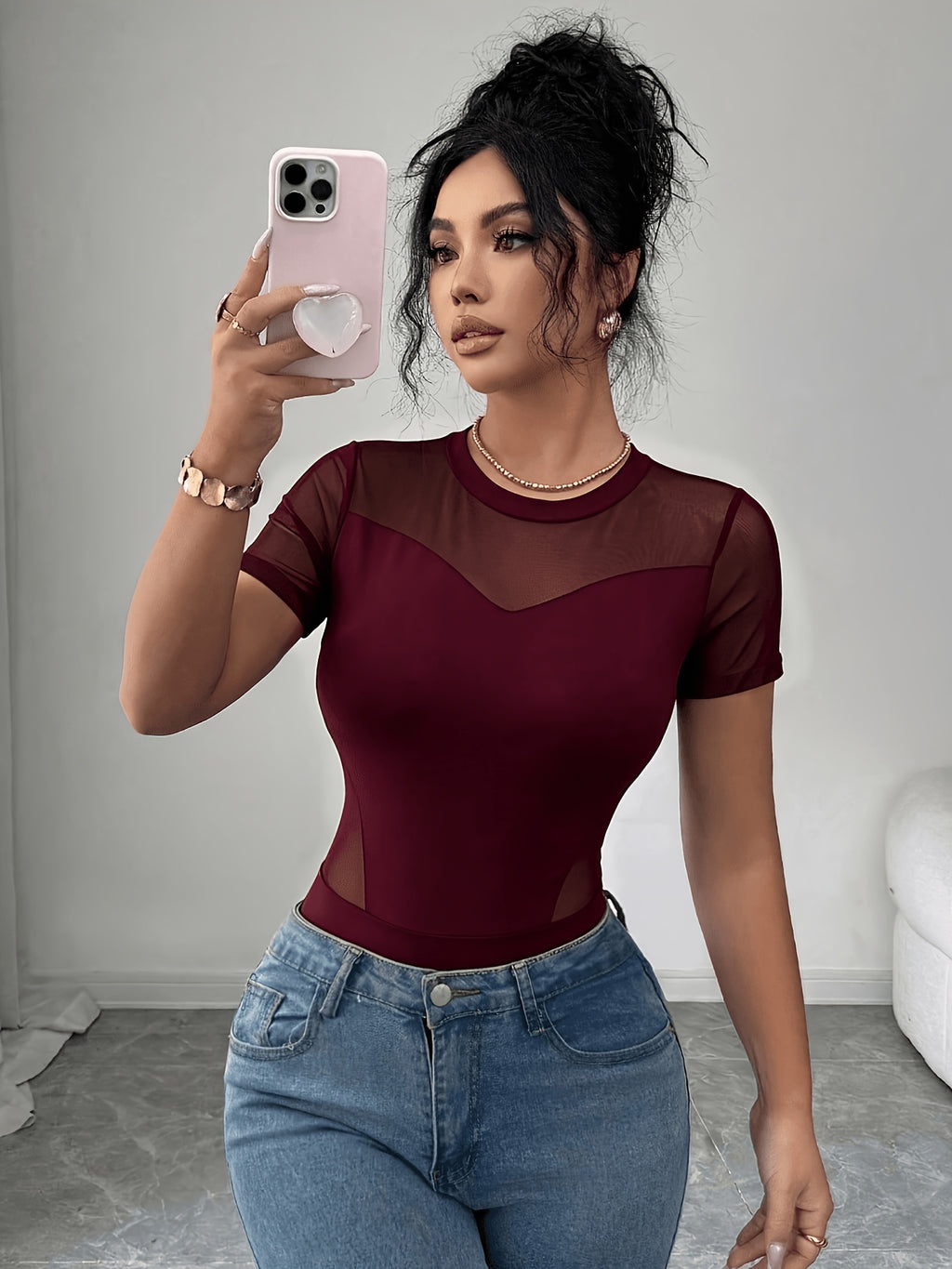 Sexy Mesh Cutout Fitted Short Sleeve Bodysuit, Women'S Casual Street Style - Burgundy