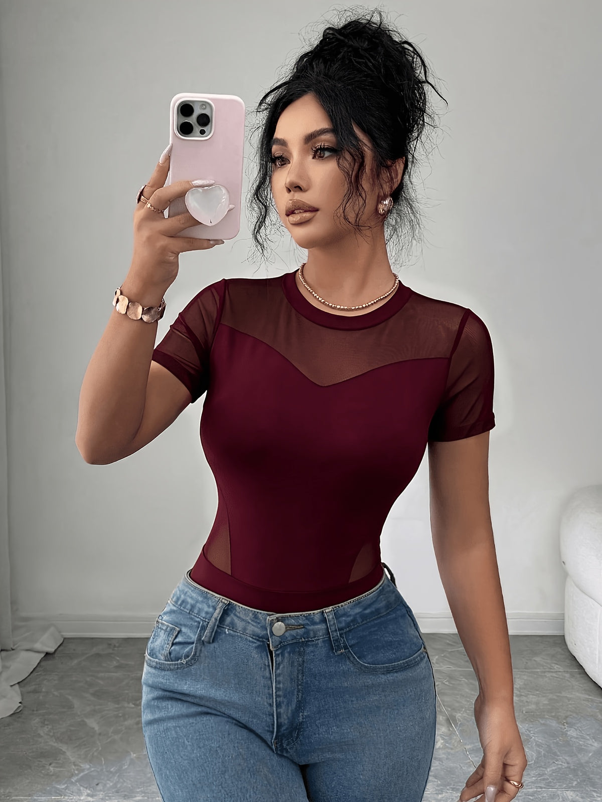 Sexy Mesh Cutout Fitted Short Sleeve Bodysuit, Women'S Casual Street Style - Burgundy