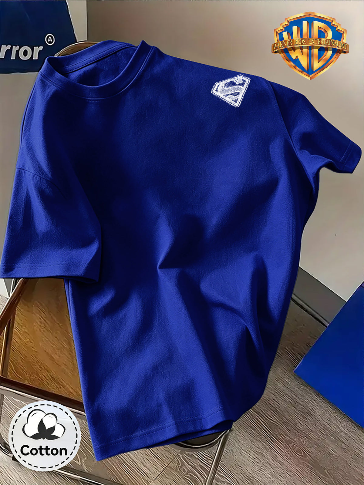 DC Superman Sketch S Logo Print 100% T-Shirt, Unisex Trendy Top, Double-Sided Print Design, Soft Fabric Material, Fashionable And Versatile Round Neck Short Sleeve Top, Designed for Men. Casual And Comfortable, Diverse Styles And Loose Fit - Royal Blue