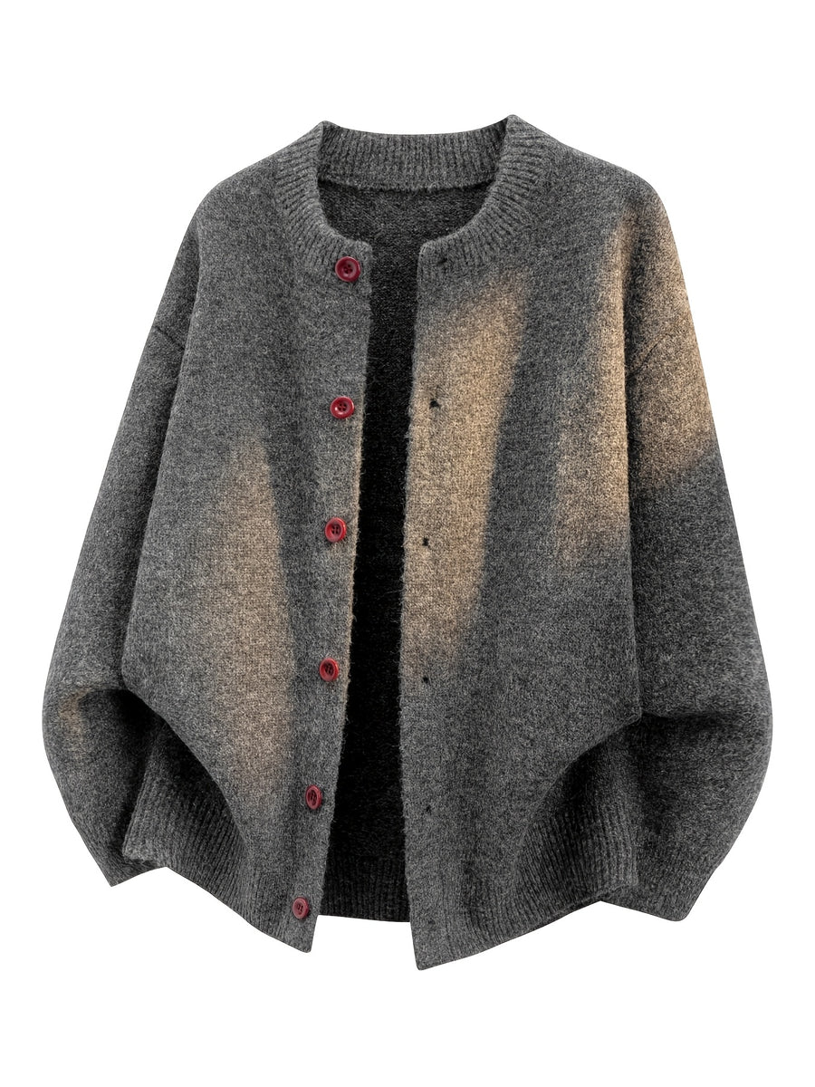 Du Jing Lan OBM 1pc Autumn/Winter New Arrival Men's Knitted Cardigan, Old Money Style Solid Color Single-Breasted Button Closure Crew Neck Open Front Knitted Cardigan, Men's Business Casual Fashion Open Front Knitted Cardigan Top - Dark Gray