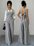ASD1 Elegant Striped Square Neck Sleeveless Women's Bodysuit with Tie-Back Wide-Leg Pants - Stripe