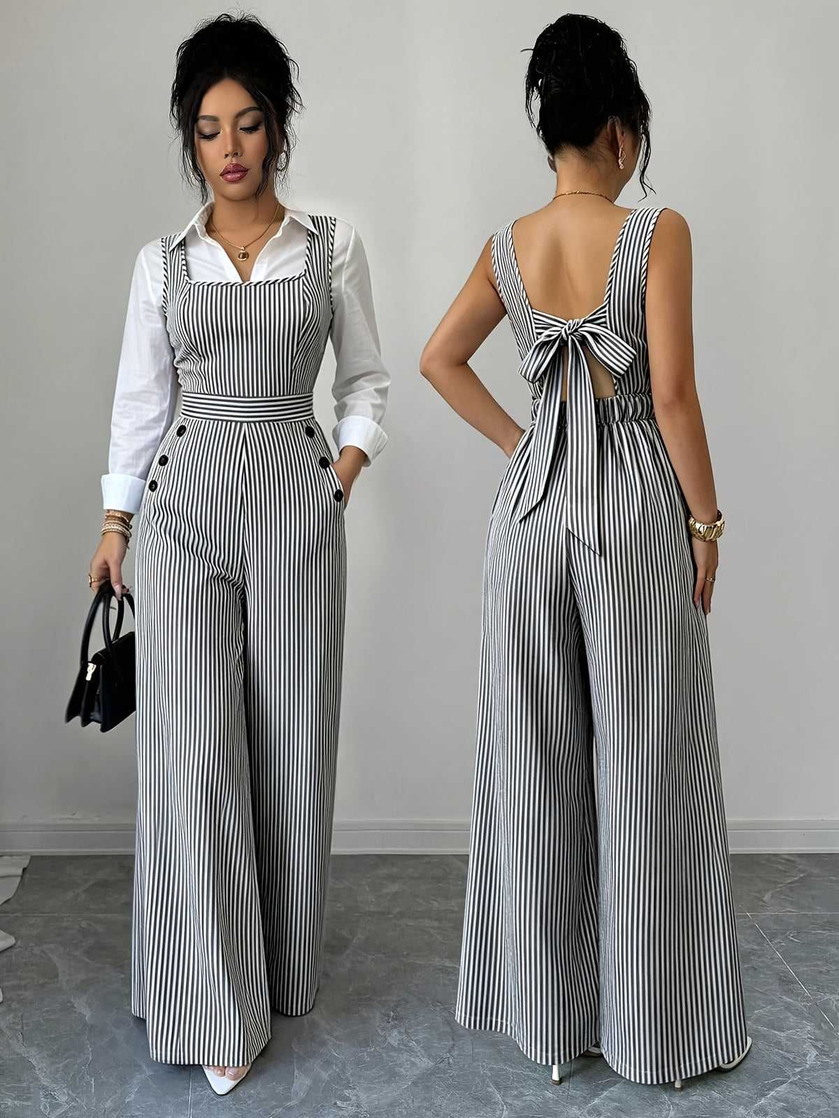 ASD1 Elegant Striped Square Neck Sleeveless Women's Bodysuit with Tie-Back Wide-Leg Pants - Stripe