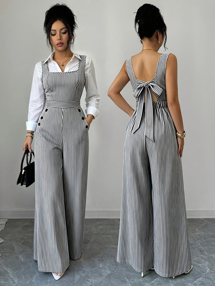 ASD1 Elegant Striped Square Neck Sleeveless Women's Bodysuit with Tie-Back Wide-Leg Pants - Stripe