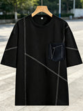 Men'S Casual Sports T-Shirt Korean Style Trendy Brand Fashion Design Summer Top Loose Solid Line Patchwork Casual T-Shirt Short Sleeve in Stock - Black