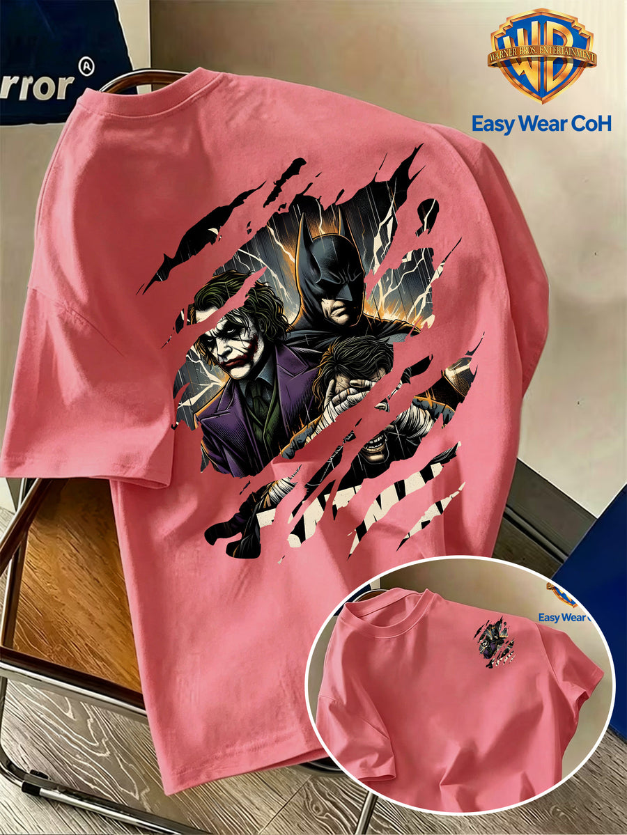 Warner Bros. Official New Men's Casual Crew Neck Short Sleeve T-Shirt, Front and Back Tear Effect Print with Batman Core Joker Villain Group Creative Graphic, American Dark Comic Style Men's Top, Unique and Hard to Match, Soft, Skin-Friendly - Watermelon Red
