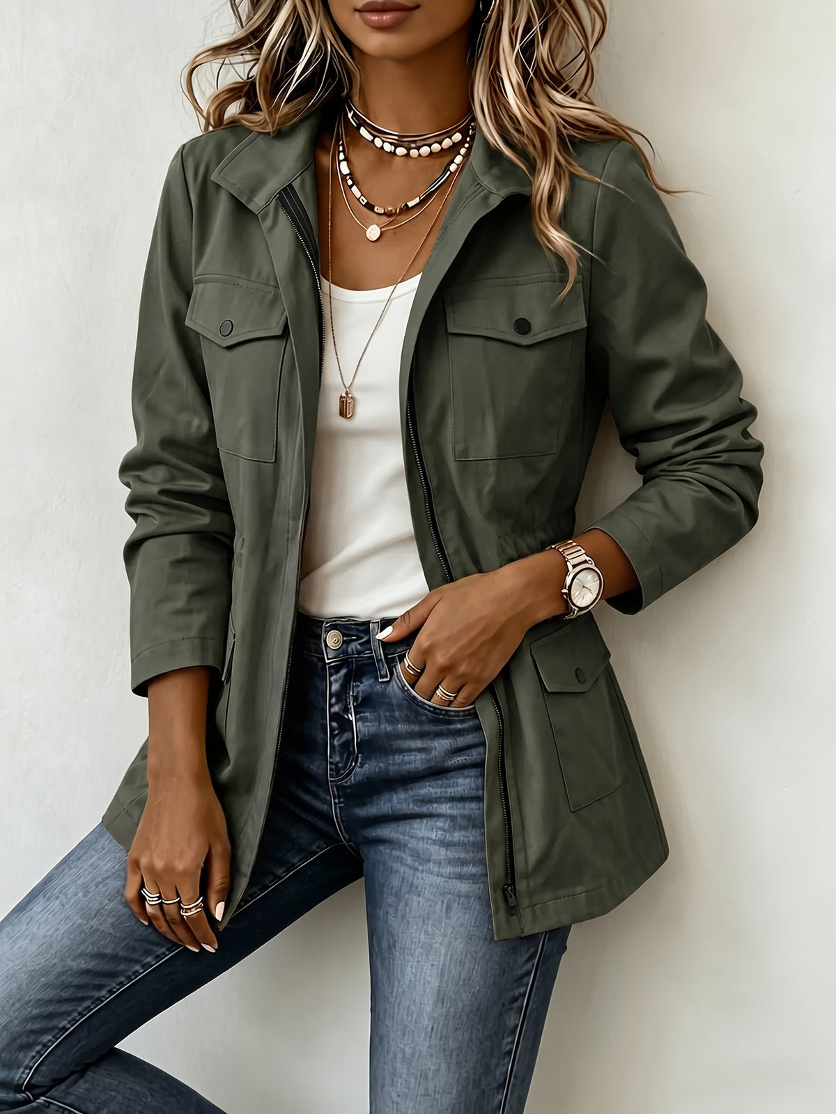 New Spring/Autumn Women's Casual Jacket with Workwear-Style Multiple Pockets, Waist-Cinching Fit, Versatile Outerwear - Olive Green