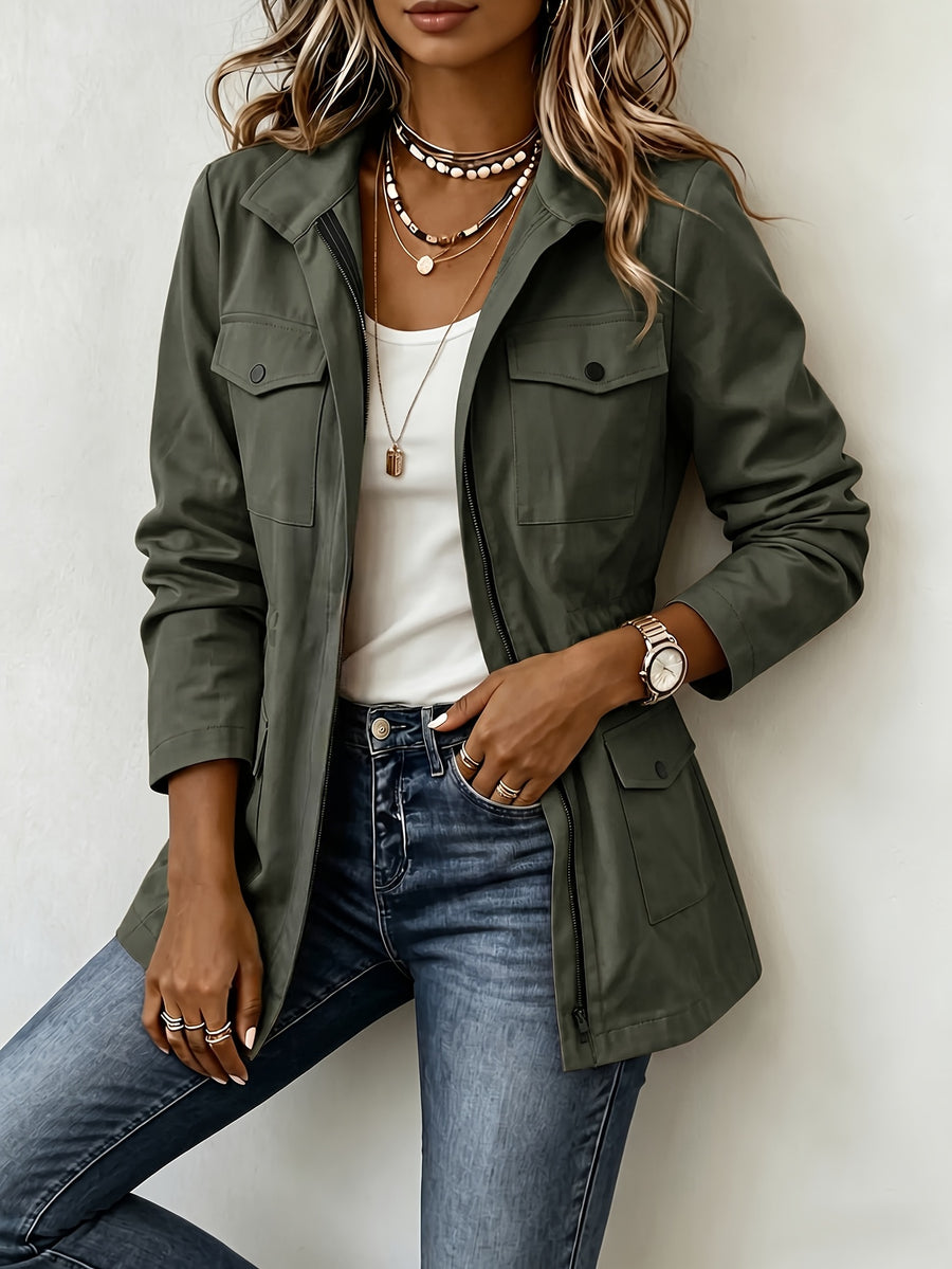 New Spring/Autumn Women's Casual Jacket with Workwear-Style Multiple Pockets, Waist-Cinching Fit, Versatile Outerwear - Olive Green
