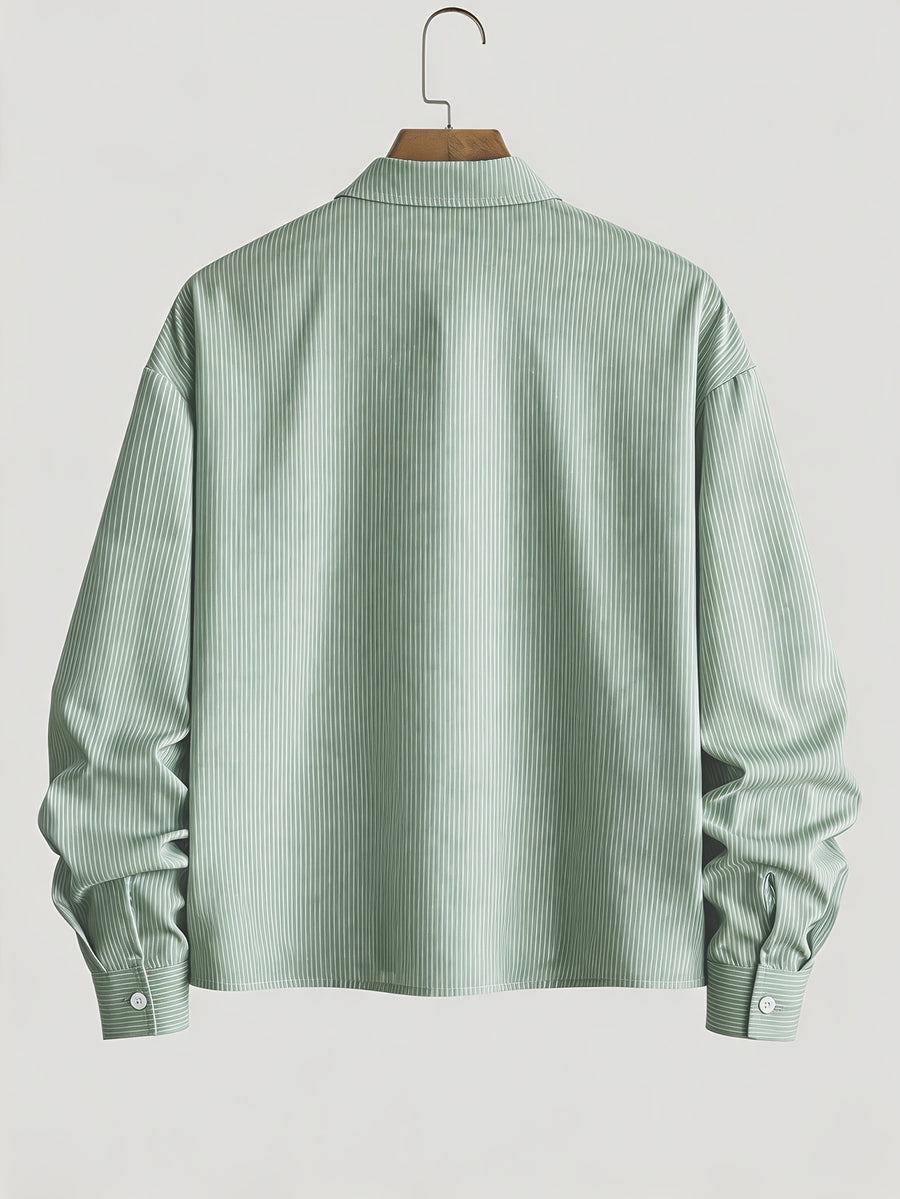 Men's Striped Long-Sleeve Shirt with Letter Iron-On Print, Trendy and Fashionable, Light Business Casual, Simple Four-Season Style, Short and Long-Sleeve Shirt - Light Green
