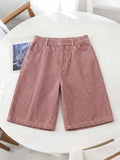 Women's 8-Wale Corduroy Wide Leg Bermuda Shorts, High Waisted Versatile Casual Shorts, Multi-Color Vintage Style, Soft & Stretchy, Suitable for Spring, Summer and Autumn - Pale Pinkish Gray