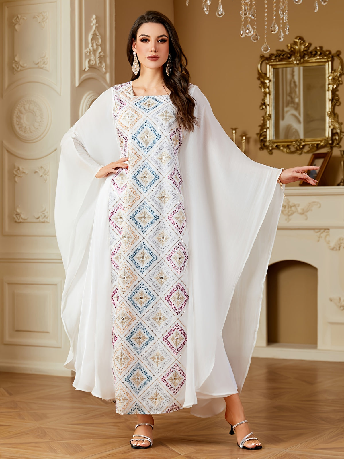 Elegant Middle Eastern Arabic Turkish Kaftan Dress - Batwing Sleeves, Square Neck & Intricate Embroidery, Adjustable Waist Belt, Long Flowy H-Silhouette for Spring Summer Fall, Machine Washable Traditional Attire, Cultural Fashion, Detailed Embroidery - White