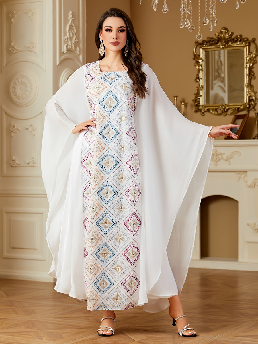 Elegant Middle Eastern Arabic Turkish Kaftan Dress - Batwing Sleeves, Square Neck & Intricate Embroidery, Adjustable Waist Belt, Long Flowy H-Silhouette for Spring Summer Fall, Machine Washable Traditional Attire, Cultural Fashion, Detailed Embroidery - White