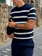 New Summer Fashion Trend: Stylish, Versatile, and Comfortable Men's Knitted Pullover. Casual Business Style Striped Contrast Color Crew Neck Men's Knitted Short Sleeve. Suitable for Work, School, Vacation, and Commuting Outfits - Navy Color