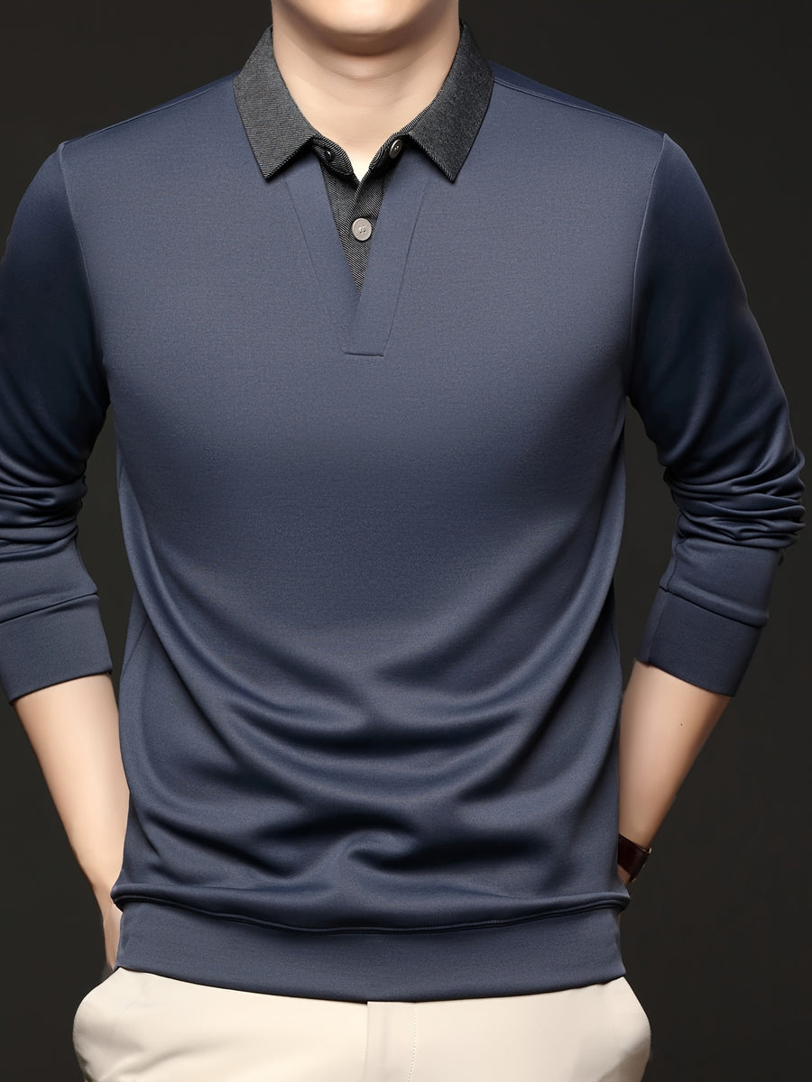 Men's Autumn/Winter 2-in-1 Look Polo Sweatshirt, Pullover Top, Business Casual, Daily Outings, Versatile and Durable, Warm and Comfortable, Ideal Gift Choice - Blue Grey