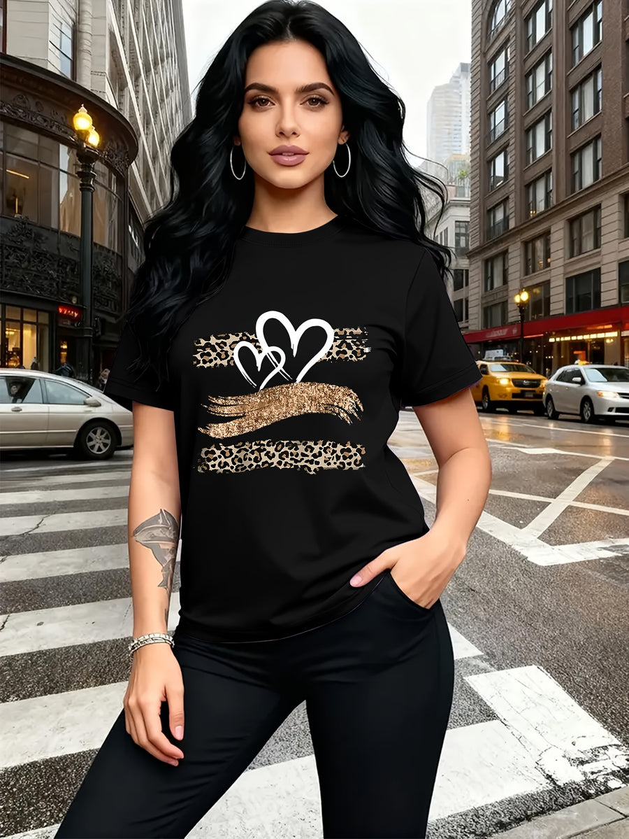 Leopard Print Heart Glitter-themed Pattern Print, Fashionable Breathable T-shirt, for Family Travel,, Casual S, Daily Commutes, Matching Outfits for Sisters, Versatile T-shirt 30057 - Black
