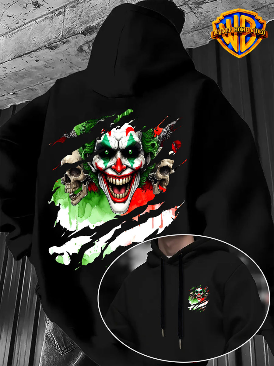 [Officially Licensed by Warner Bros] 1pc, Street Ripped Texture Dark Skull Clown Portrait Casual Hoodie - Men'S Fashion Sweatshirt, Adjustable Drawstring Loose Comfortable Hoodie, Suitable for Daily And Outdoor Wear - Black
