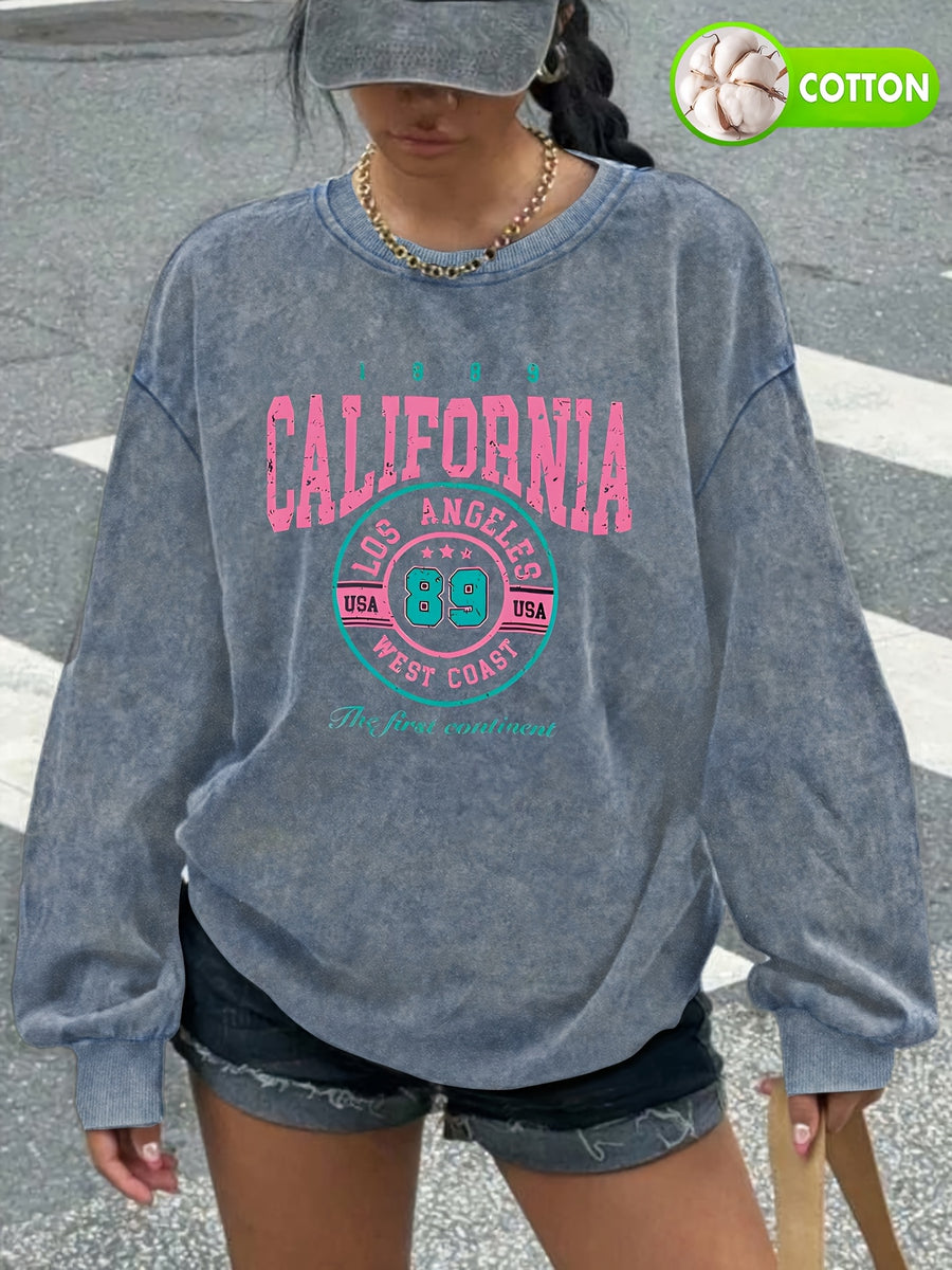 Women's Vintage Washed Crew Neck Sweatshirt - California Los Angeles Graphic Letter Print, Oversized Casual Pullover for Fall Winter, Machine Washable, Cute Sweatshirts, Everyday Clothing, Winter Apparel, Cozy Texture, Relaxed Fit - Blue