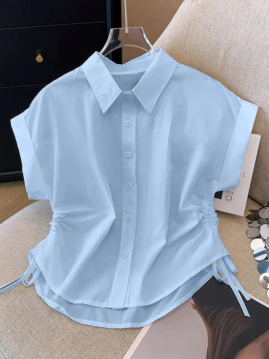 Women's Casual Short-Sleeve Single-Breasted Button-Up Short Shirt with Drawstring, Simple Loose Fit Top for Outings and Commuting, Suitable for Summer - Light Blue