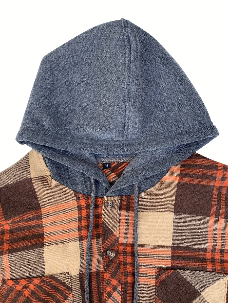 Men'S Plaid Hoodie Fashion Hoodie Fleece Shirt Price Long Sleeve Casual Button-Up Hoodie, Autumn Essentials - Khaki-orange-brown