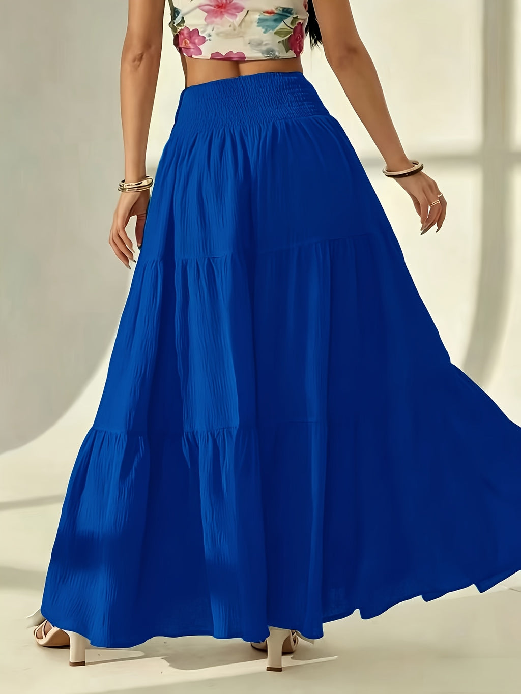 Bohemian Tiered Maxi Skirt, High-Waist Smocked A-Line Flowy Long Skirt, Casual Loose Pleated Solid Color Skirt for Beach Vacation Daily Wear, Women'S Fashion - Navy Color