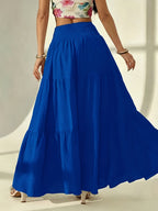 Bohemian Tiered Maxi Skirt, High-Waist Smocked A-Line Flowy Long Skirt, Casual Loose Pleated Solid Color Skirt for Beach Vacation Daily Wear, Women'S Fashion - Navy Color