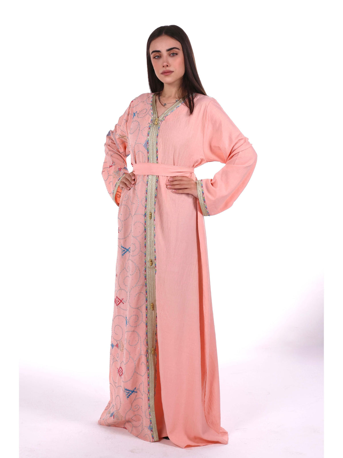 Middle East Women's New Traditional Style Dress Kaftan Robe Jalabiya Festival Evening Gown Abayas Suitable for Holiday Party Wear Women's Evening Dress, Casual Dress with belt - Pink