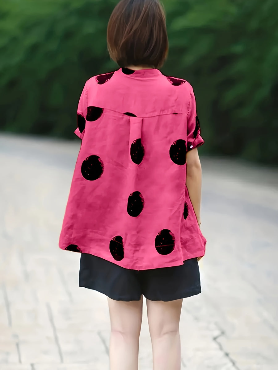 Women'S Vintage Polka Dot Print Shirt - Short Sleeve, Stand Collar, Button-Up Top with Asymmetrical Hem, Black & Orange, Casual Summer Blouse for Adults, Casual Summer Wear | Vintage Style Shirt | Nonstretch Fabric - Dusty Rose